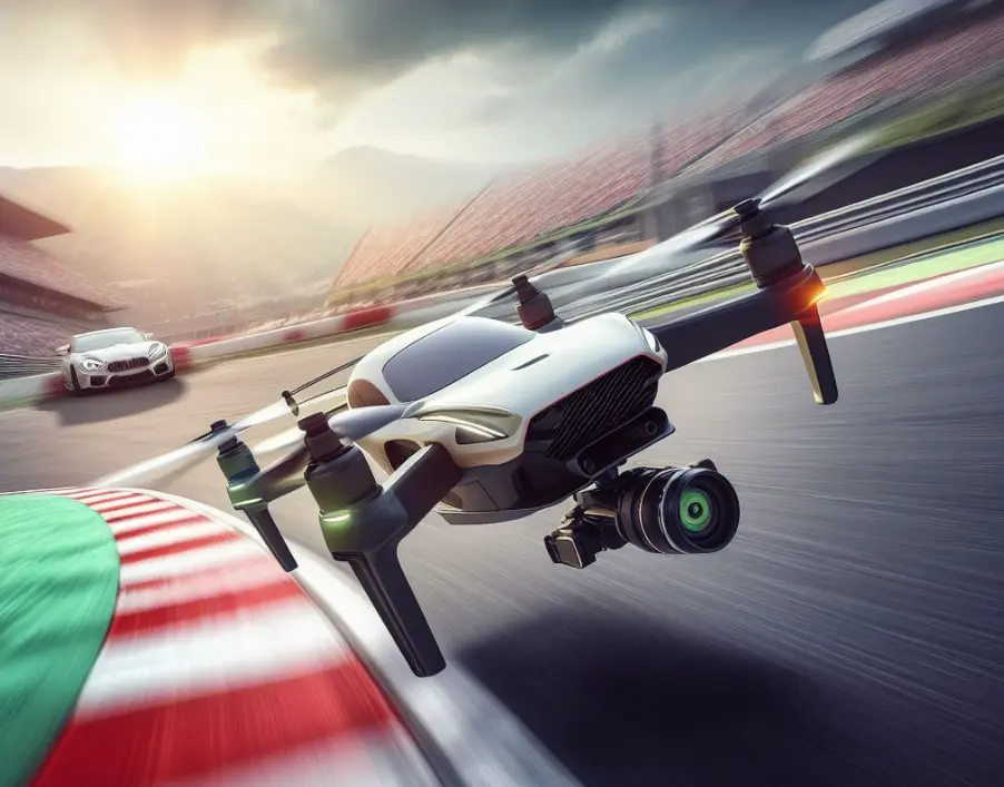 7 usos comerciais de drones que você talvez ainda não conheça - imagem de drone em corrida de carro
