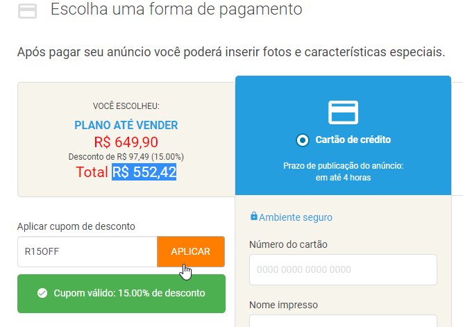 Adicione o código promocional de cupom Zap Imóveis no campo indicado na tela de finalização do anúncio em destaque. Adicione o código promocional de cupom Zap Imóveis no campo indicado na tela de finalização do anúncio em destaque.