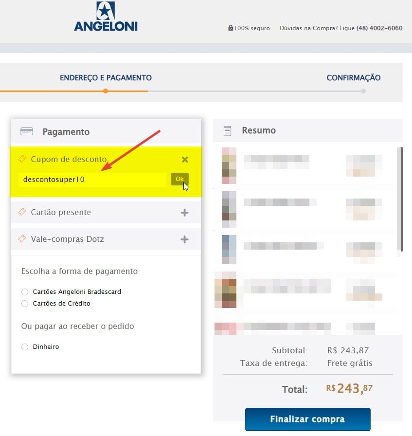 Como inserir código de cupom no site do Angeloni?