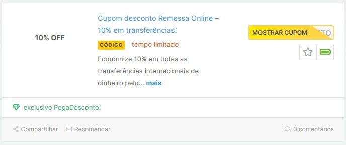 Código de cupom de desconto Remessa Online