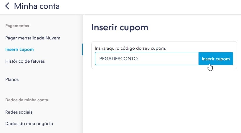 O campo para inserir cupom na Nuvemshop só aparece depois que você criar uma conta grátis.