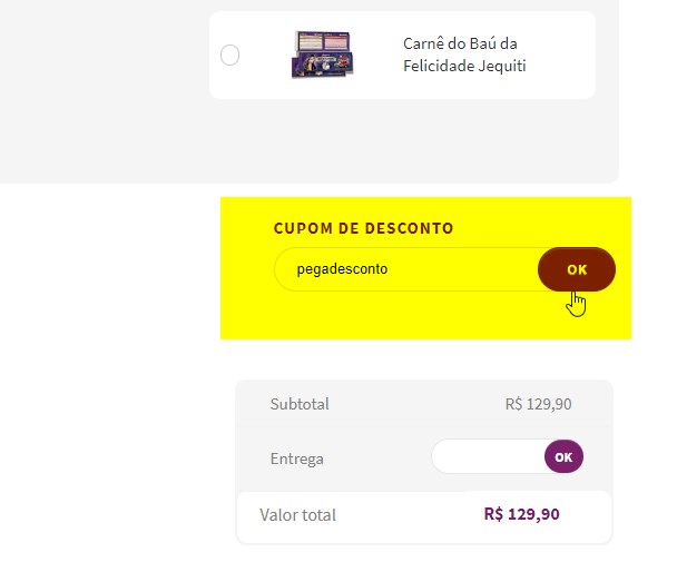 aplicando código de cupom para ter desconto na Jequiti