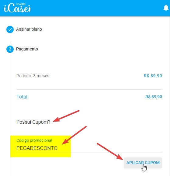 aplicando cupom de desconto icasei