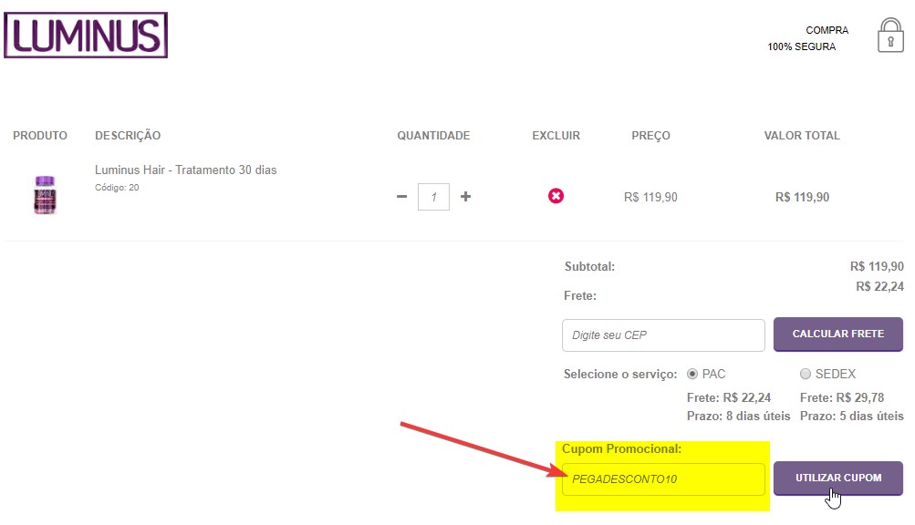 onde inserir o cupom de desconto Luminus Hair no site