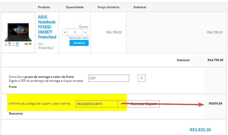 uso de cupom de desconto na loja asus