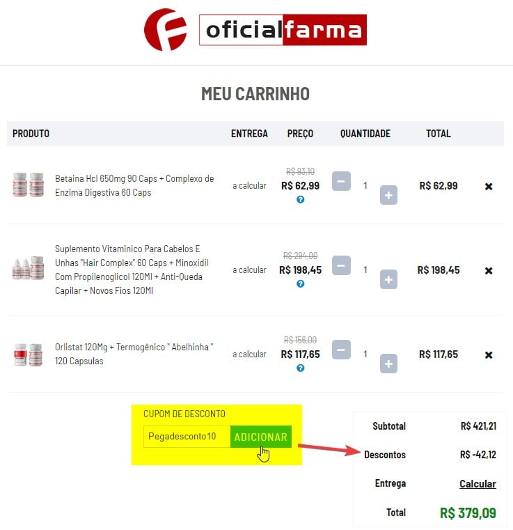 aplicando um código promocional de cupom Oficial Farma