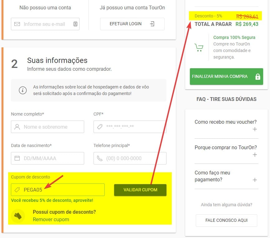 ativando um código promocional no site do Touron