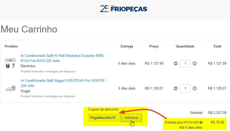 forma correta de usar cupom de desconto Frio Peças