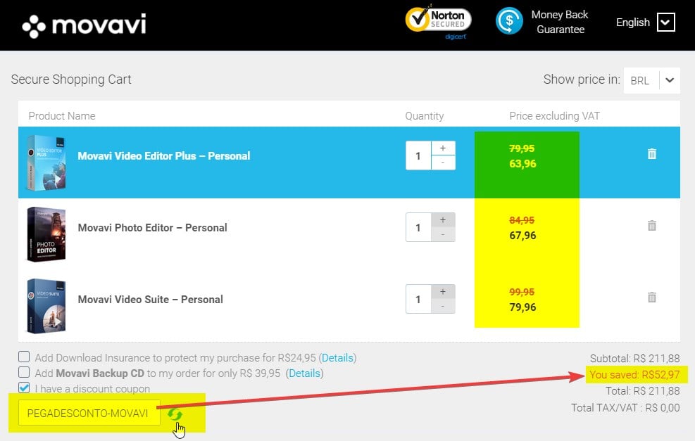 como se usar código promocional de cupom de desconto Movavi