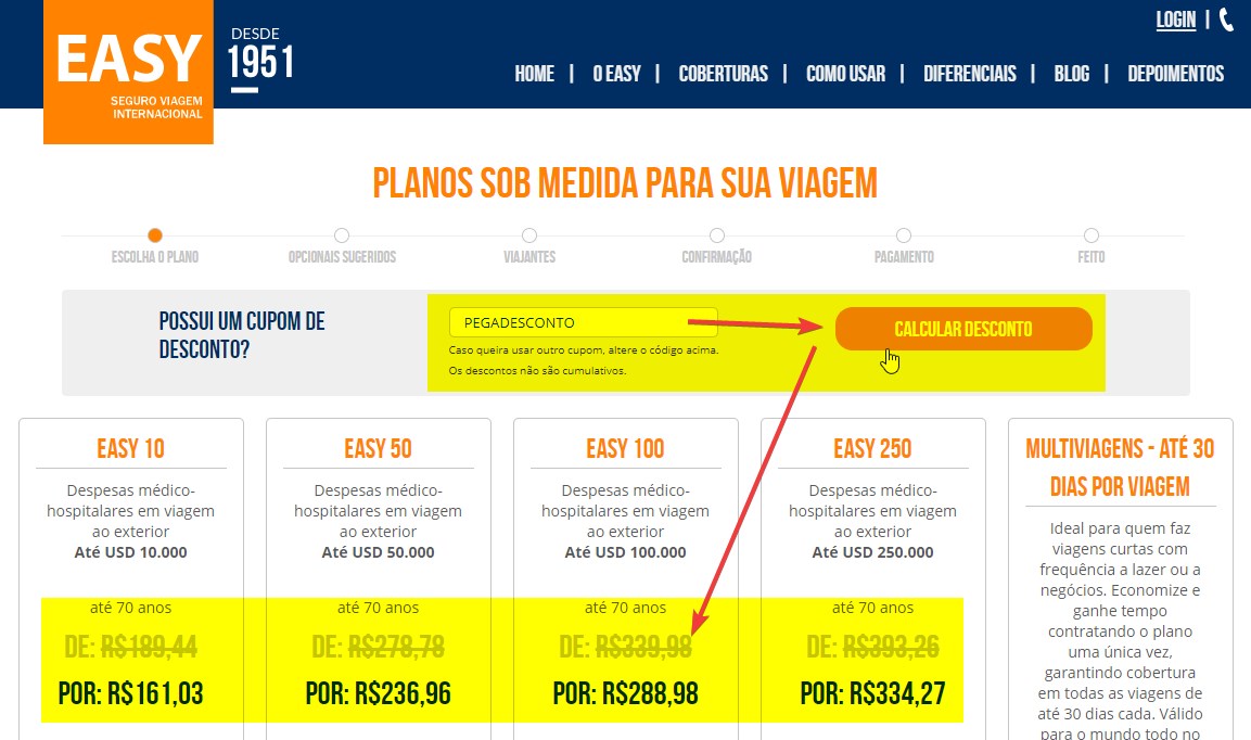 forma de aplicar cupom de desconto Easy Seguro Viagem Internacional