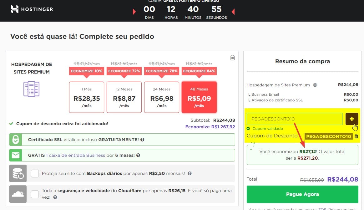 usar cupom de desconto hostinger no site