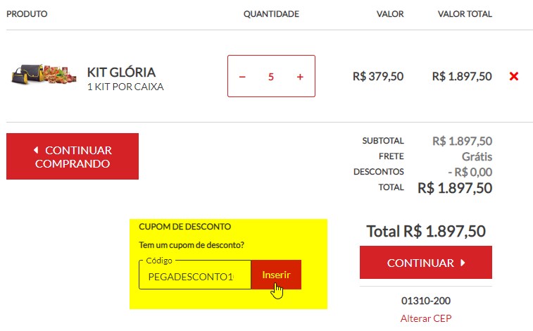 usando cupom promocional no site kits sadia