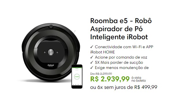 Robô Aspirador Roomba e5 com R$ 80 de desconto - cupom robo aspirador serie e
