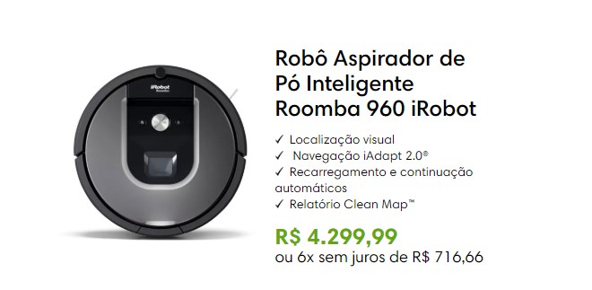 Robô Aspirador Roomba 960 com R$ 100 de desconto - cupom roomba 960