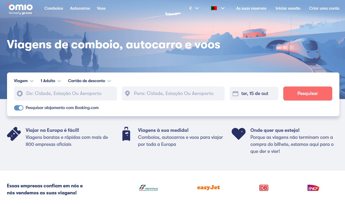 A OMIO é uma plataforma online que permite ao usuário encontrar passeios de autocarro, avião e trem na Europa com mais economia