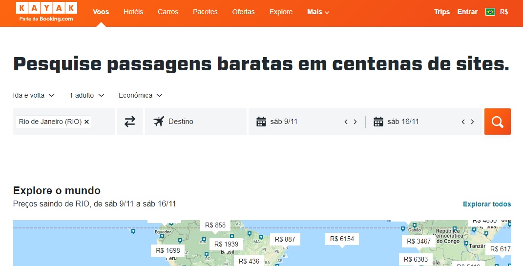 O Kayak atua como um buscador de carros, hotéis e passagens aéreas baratas