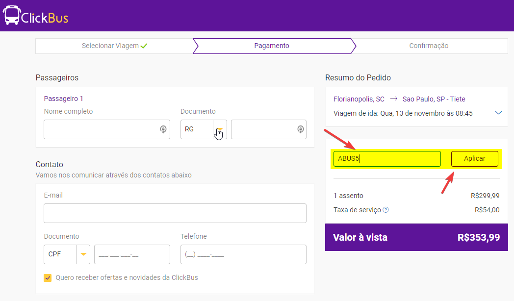 aplicando um código de cupom desconto clickbus