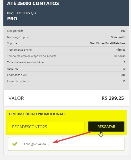 aplicando código de cupom para ter desconto no egoi