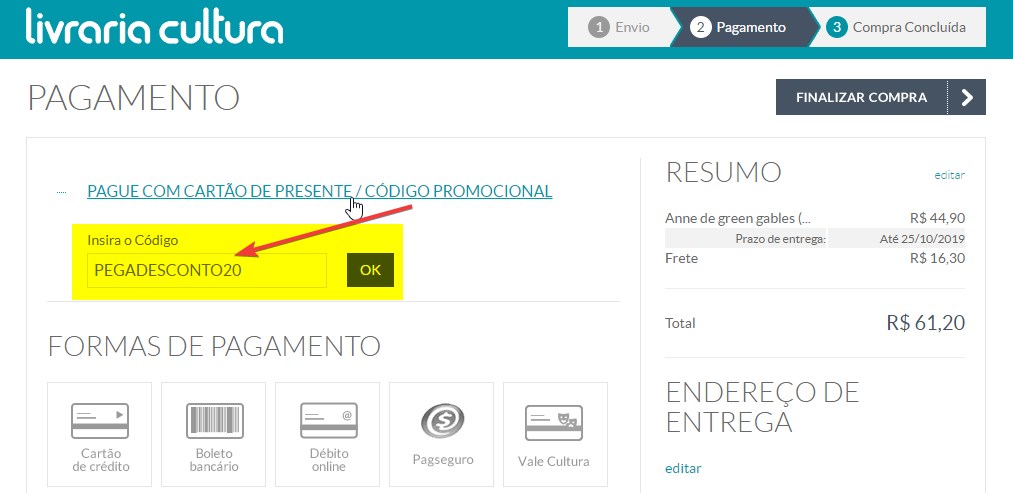 onde aplicar o código de cupom de desconto no site da Livraria Cultura