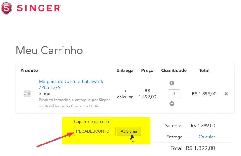 usando um cupom de desconto Singer em máquinas de costura