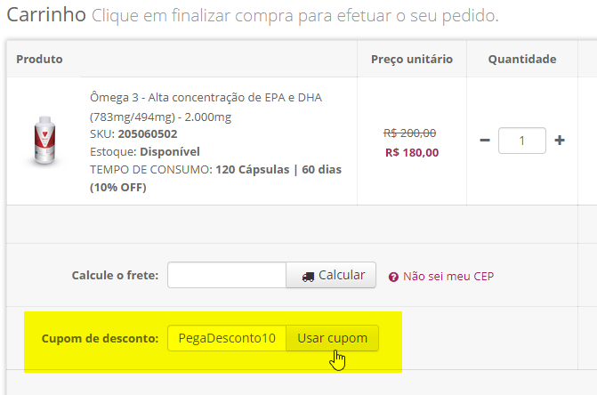 aplicando o cupom de desconto vhita no site