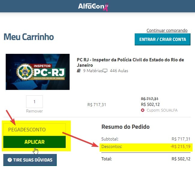 localização do campo de cupom de desconto no site AlfaCon