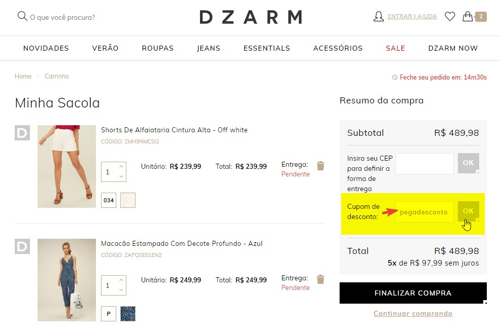 como aplicar código promocional de cupom Dzarm