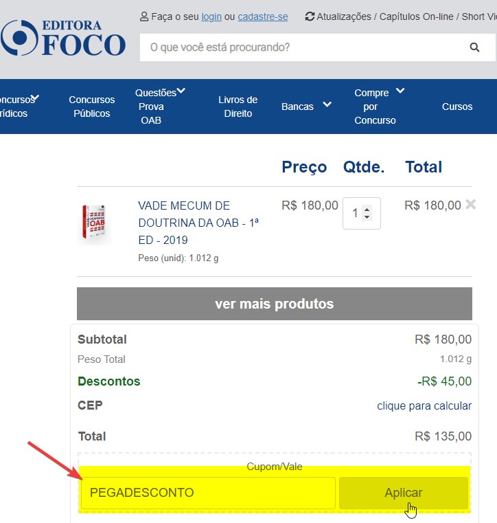 aplicando código de cupom na Editora Foco