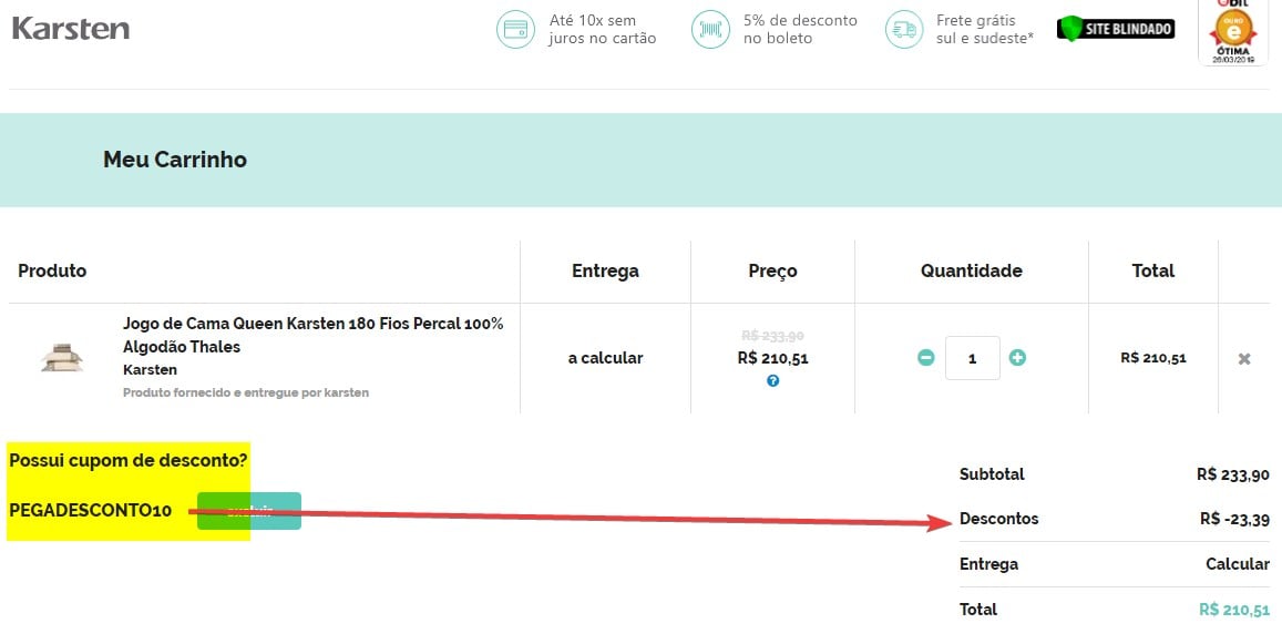 usar cupom desconto karsten na loja online