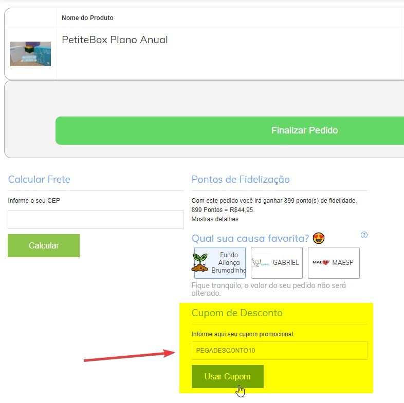 aplicando código de cupom de desconto petite box no site