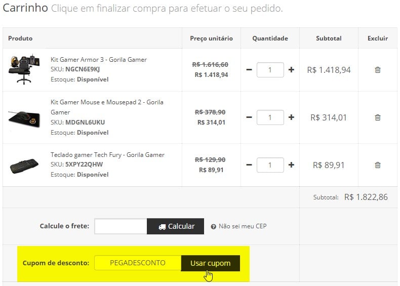 aplicando código de cupom desconto no Gorila Gamer