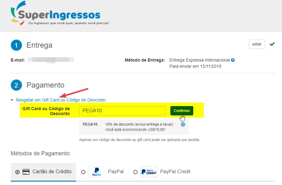 aplicando um código de cupom SuperIngressos no site