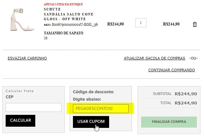 utilizando cupom de desconto OQvestir no site