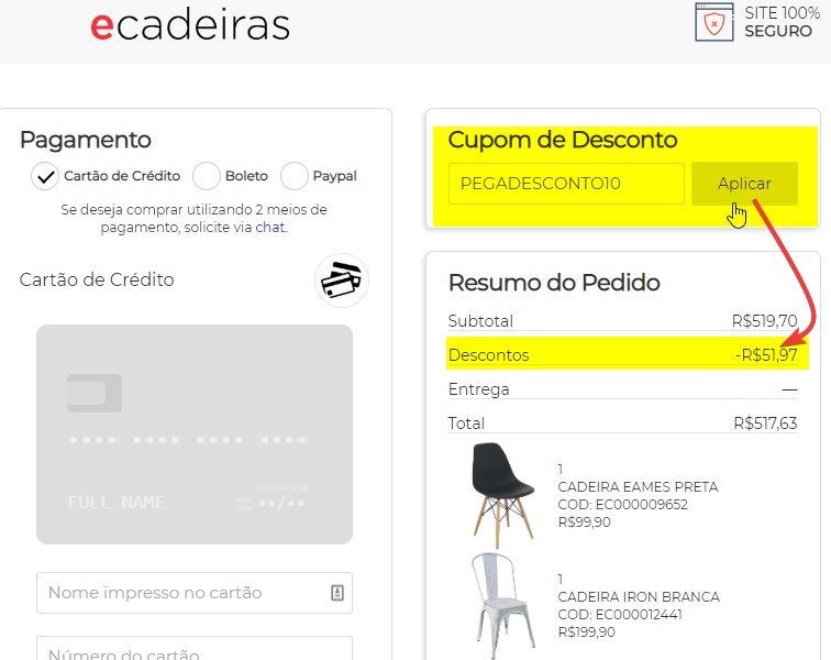 onde aplicar o cupom de desconto e cadeiras no site