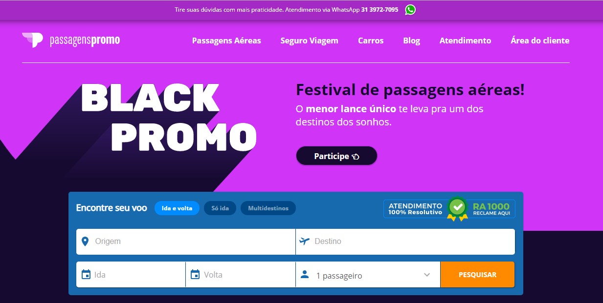 Durante a Black Friday os descontos em passagens aéreas no site Passagens Promo podem chegar até 35% OFF