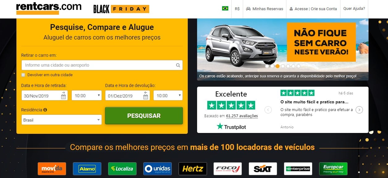 Site Rentcars, comparador de preços de locação de automóveis