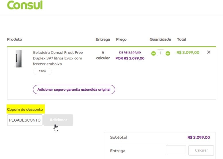 aplicando código de cupom no site da Consul