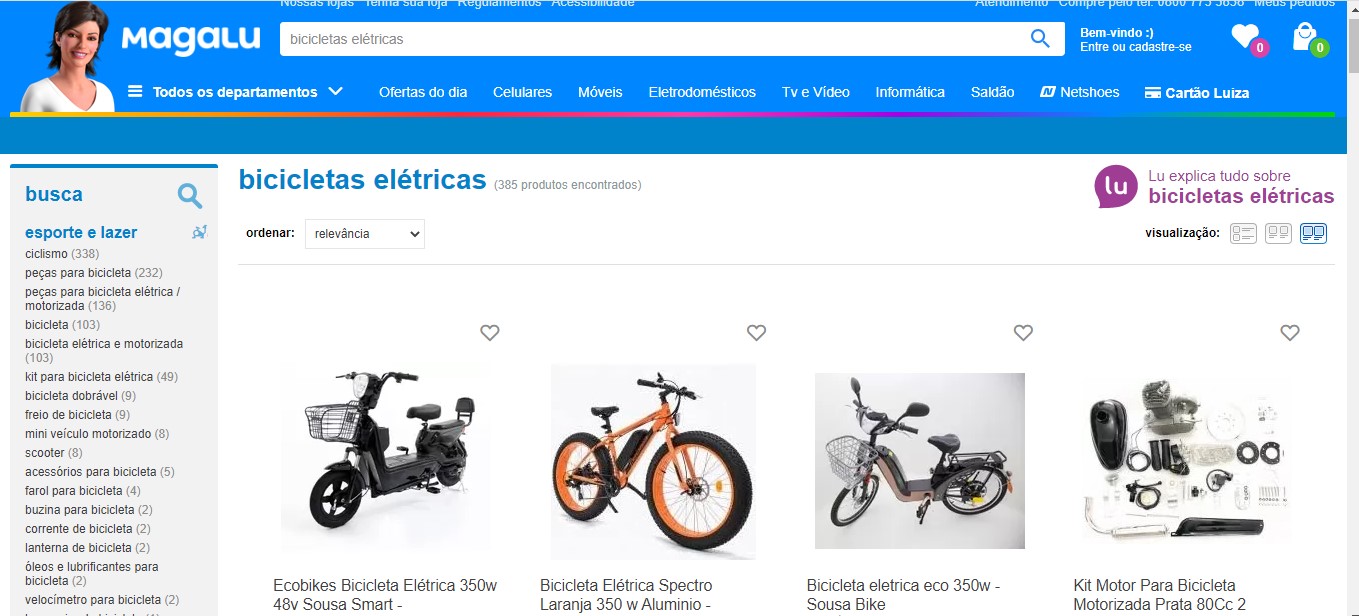 Site Magalu bicicletas elétricas