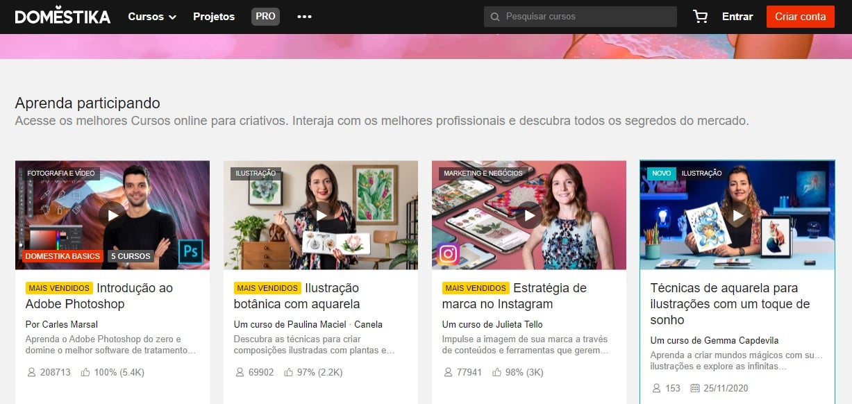 O Domestika é um dos Melhores sites de cursos de desenho, photoshop e fotografia online com diploma