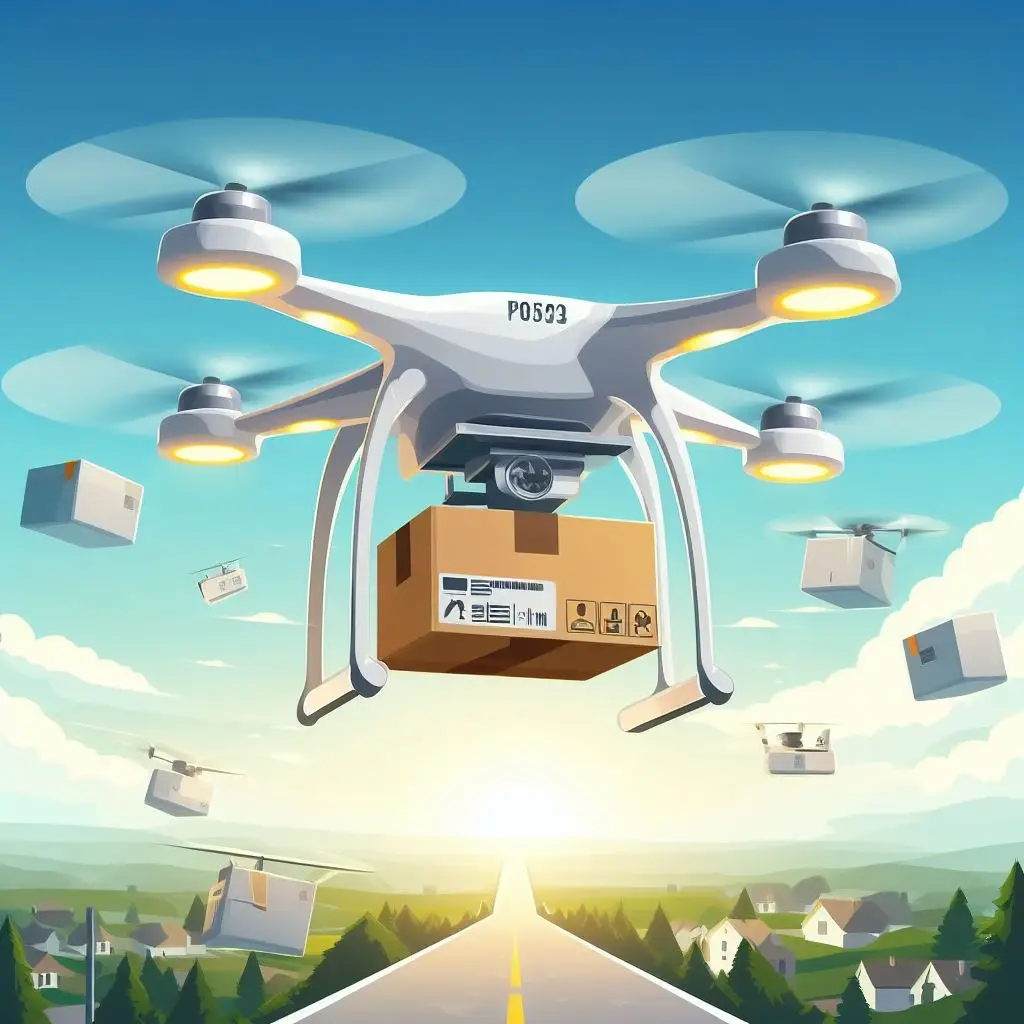 Desenho de um drone fazendo a entrega de um pacote de encomenda.
