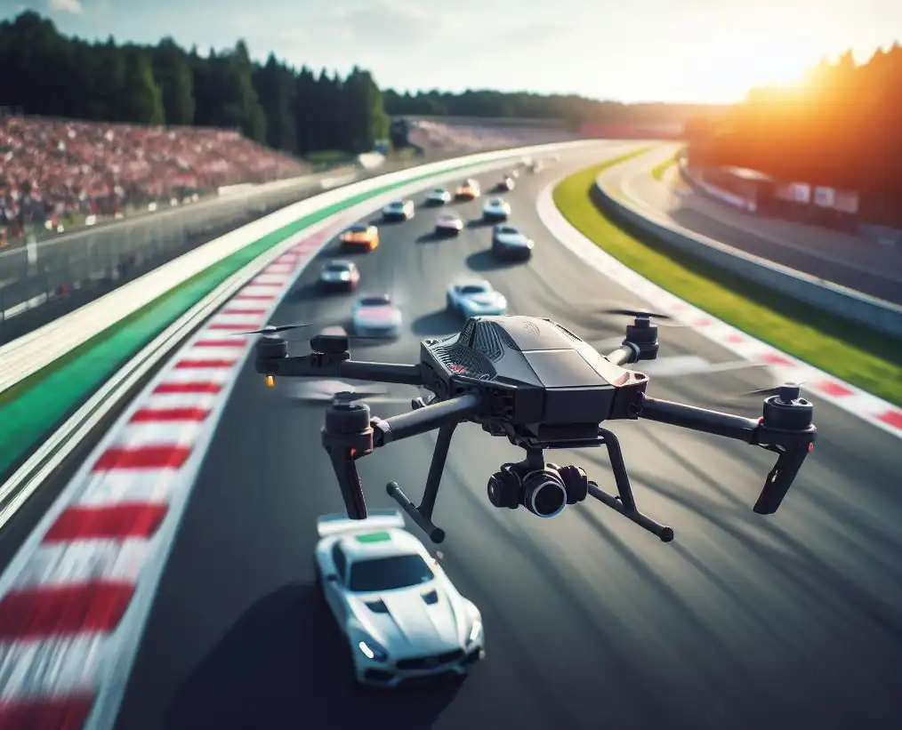 Ilustração de um drone filmando uma corrida de carros.