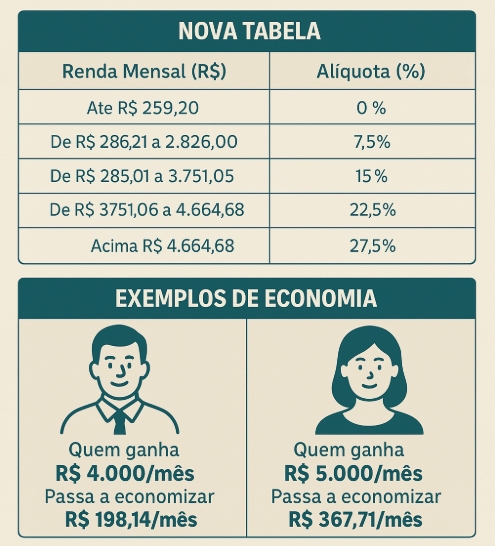 exemplo de valores da tabela progressiva e quanto o trabalhador que ganha até R$ 5 mil mensais deixará de recolher