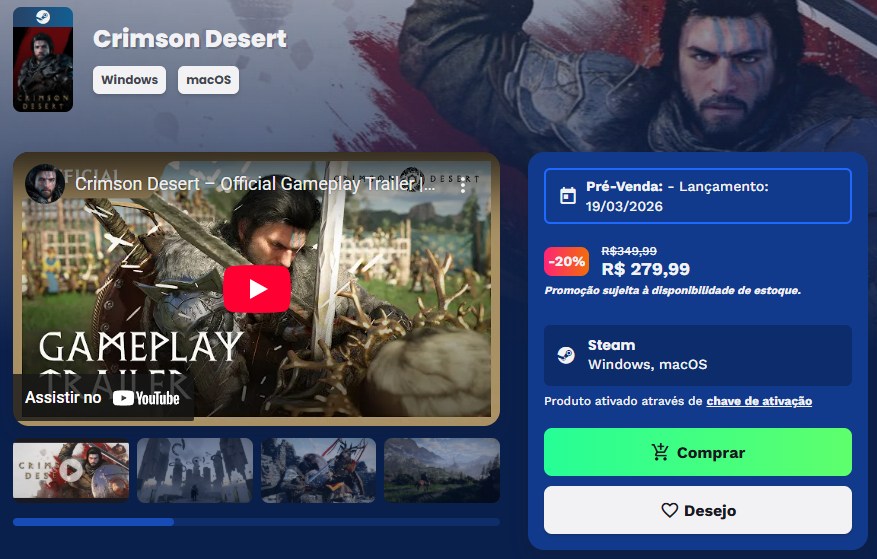 Crimson Desert edição padrão está com R$ 70 de desconto na Nuuvem, para resgatar na Steam para Windows ou macOS. A edição deluxe também está com 20% de desconto, saindo por R$ 319,99.