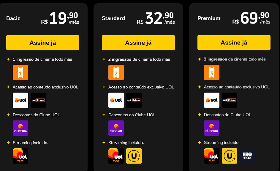 Tabela de preços de planos anuais UOL+ com ingresso de cinema grátis todo mês.