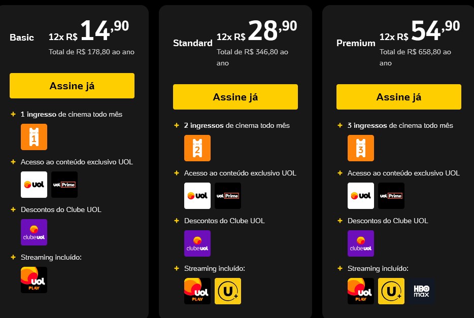 Tabela de preços e planos UOL+ com ingresso de cinema grátis todo mês.