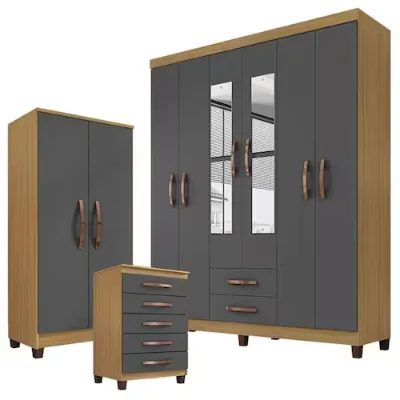 Guarda Roupa Casal Modena com Espelho 6 Portas Cômoda Cannes 5 Gavetas e Armário Multiuso Recife Carvalho Americano Grafite – Marrom - Bartira - Casas Bahia