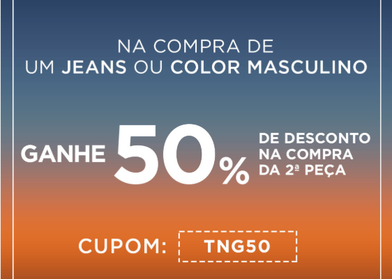 Desconto de 50% ao comprar 2 calças Jeans masculinas - CUPOM TNG 50
