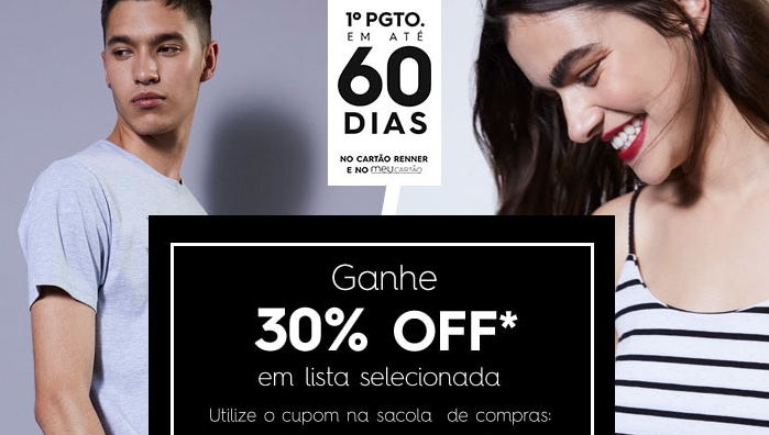 Cupom Renner - 30% em Moda Masculina selecionada - cupom 30 off renner