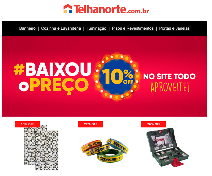 Desconto 10% em todo site Telhanorte - desconto 10 off telhanorte 1