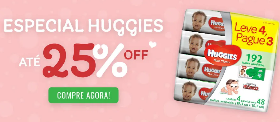 Até 25% OFF em Fraldas e Toalhas Huggies na Drogaria Araújo - desconto drogaria araujo huggies